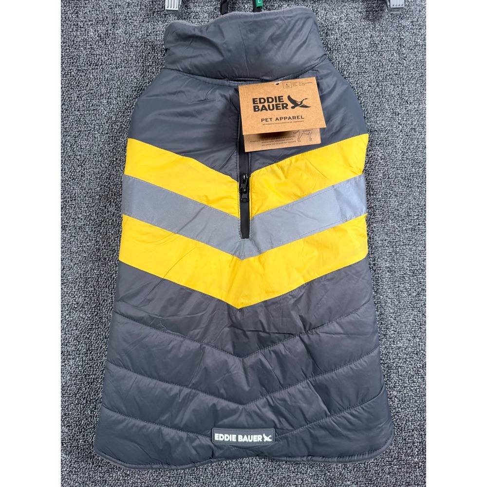 Eddie Bauer Riverbend Reflector Dog Large Puffer Vest Grey Yellow Chevron Fleece